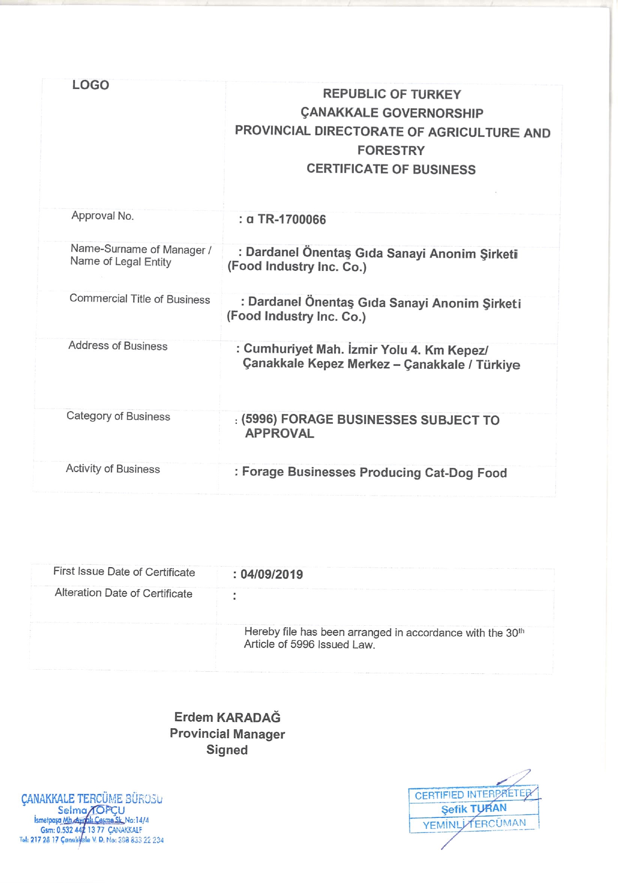 Approval Certificate_Petfood Approval Certificate_Petfood