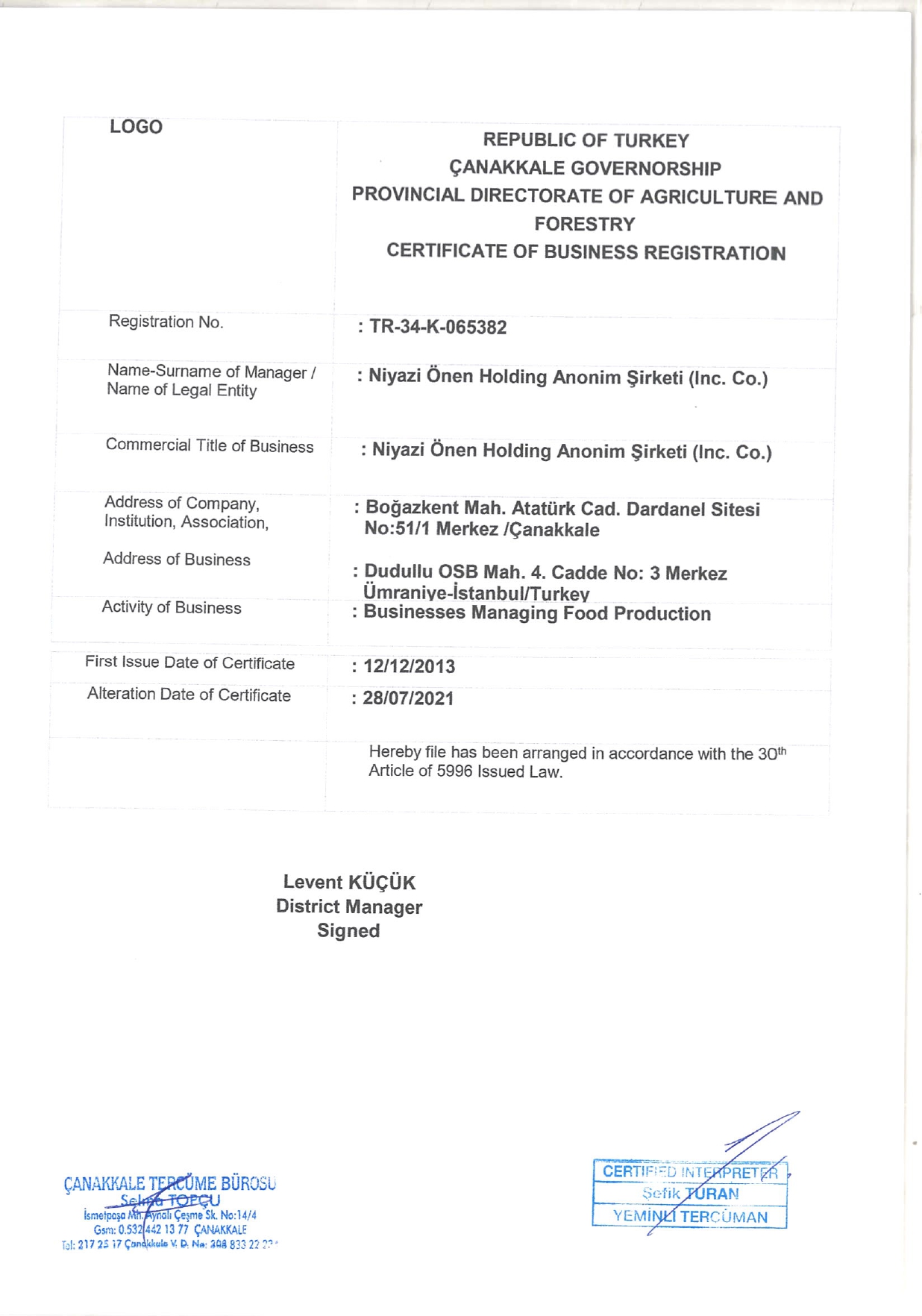 Register Certificate_NÖ Holding İstanbul Register Certificate_NÖ Holding İstanbul